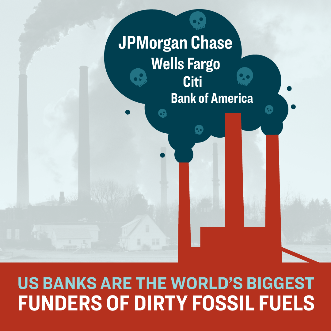 Illustration of fossil-fuel-burning power plant with list of biggest banks backing them