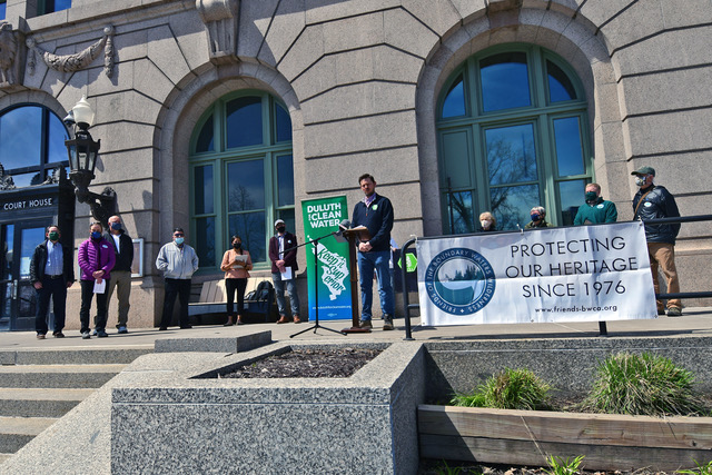 Photo of community members gathered for a socially distanced and masked press conference held outside of the St. Louis Courthouse in Duluth, MN. Credit: Tom Thompson.