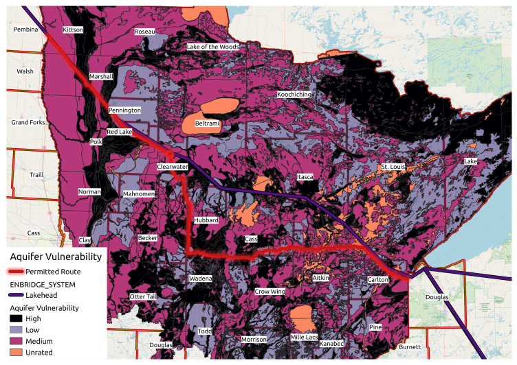 Aquifer Vulnerability Map along Line 3, courtesy of Honor the Earth