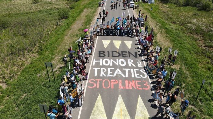 Honor the Treaties - Stop Line 3 photo from above of a Stop Line 3 demonstration