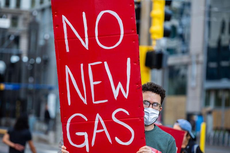 photo of a masked demonstrator holding red and white "No New Gas" sign