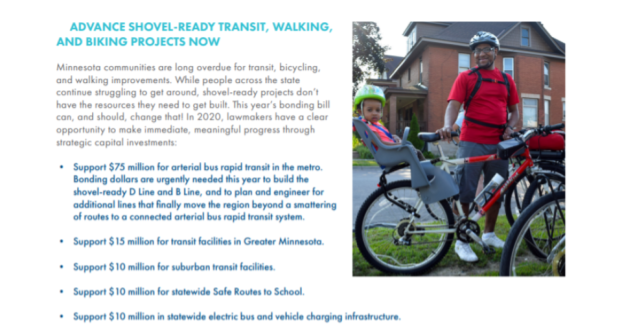 photo of father and child on bicycle, with list of state transportation proposals
