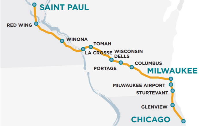 map of rail route from Saint Paul to Chicago