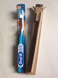 photo of traditional toothbrush and packaging next to one with minimal packaging