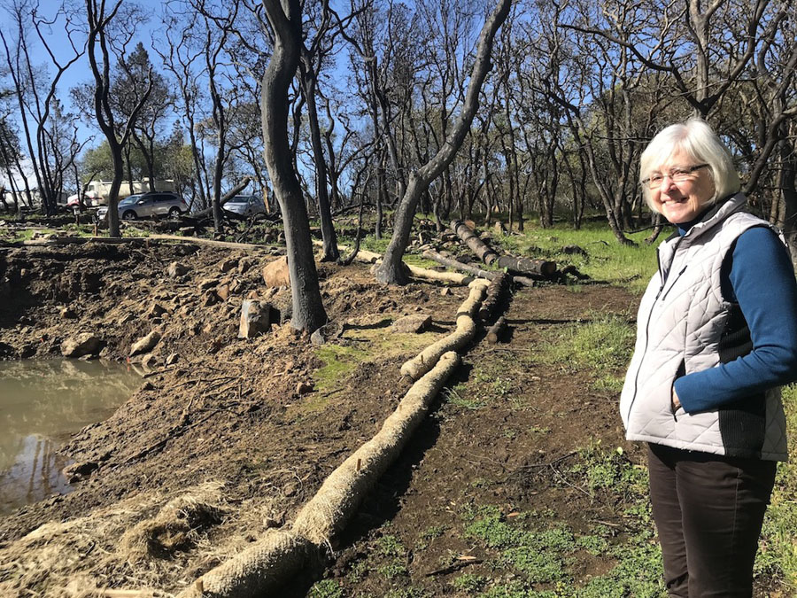 Karen Sommers inspecting the post-fire landscape