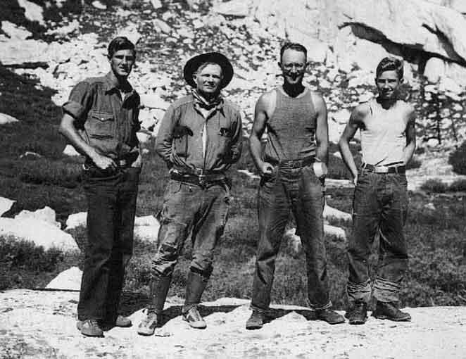 Photo of Jules Eichorn, Norman Clyde, Robert L. M. Underhill and Glen Dawson taken the day after the first ascent of the East Face of Mount Whitney. Personal collection of Glen Dawson.