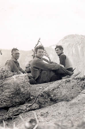 Bestor Robinson, Richard Leonard, and Jules Eichorn on the summit of Higher Cathedral Spire after completing the first ascent in 1934. YCA collection.