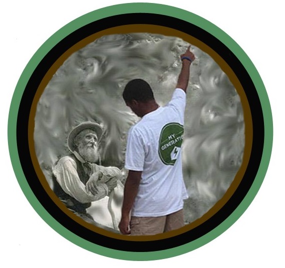 Young man with fist raised facing historical picture of John Muir