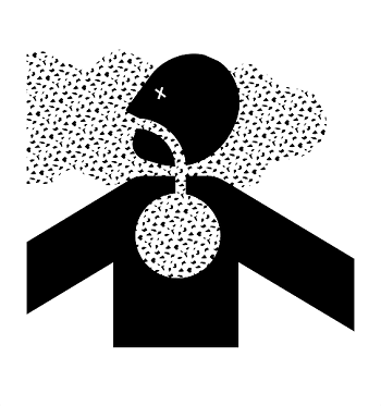 Black and white drawing of a human figure breathing in dirty air