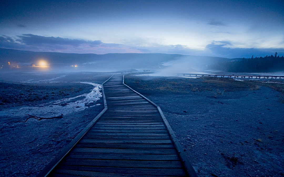 A walkway above Old Faithful in Yellowstone National Park.