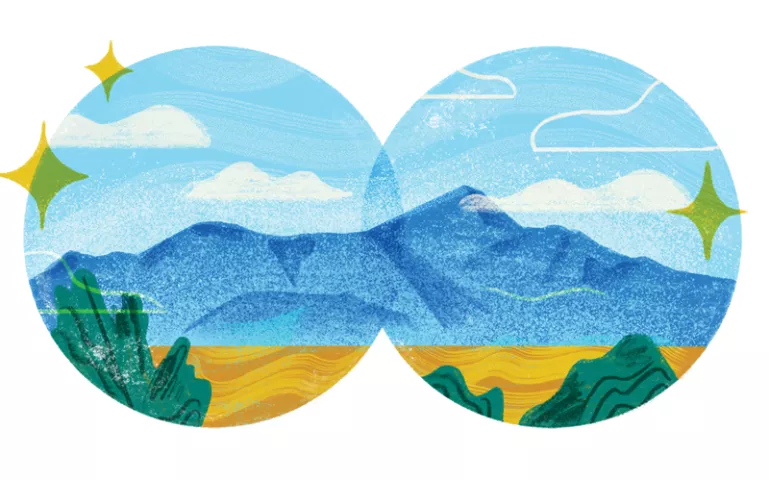 Illustration shows Sleeping Ute Mountain through binocular lenses