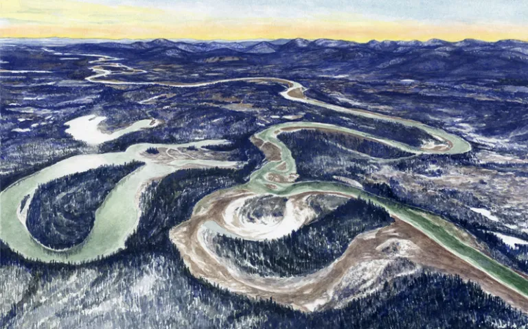 Illustration shows an aerial view of a meandering river through dark forest.