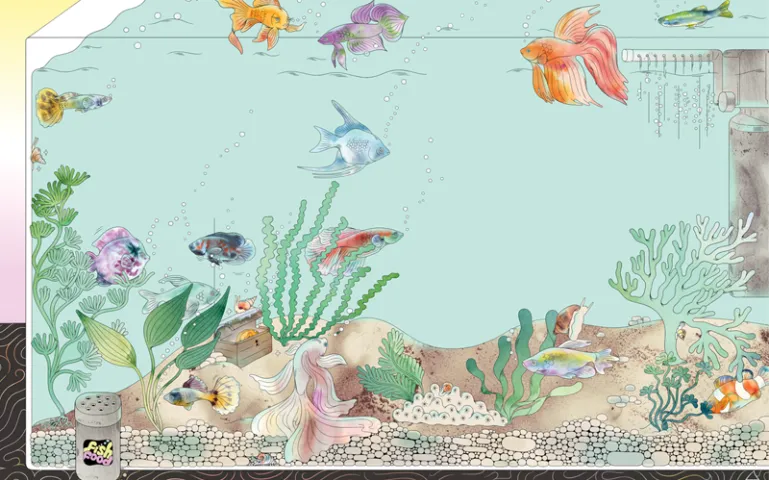 Illustration shows the inside of a home aquarium, with fish, snails, plants, and props.