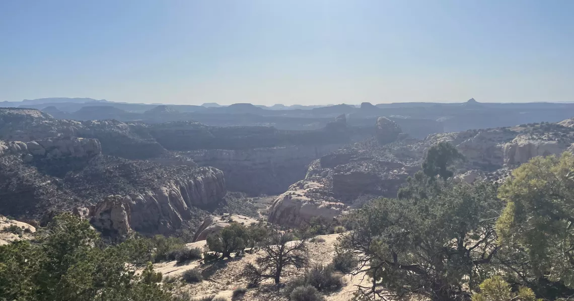 A hazy view of Indian Creek in Canyonlands National Park in Utah