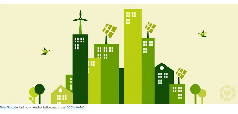 infographic shows cityscape of buildings colored in different shades of green