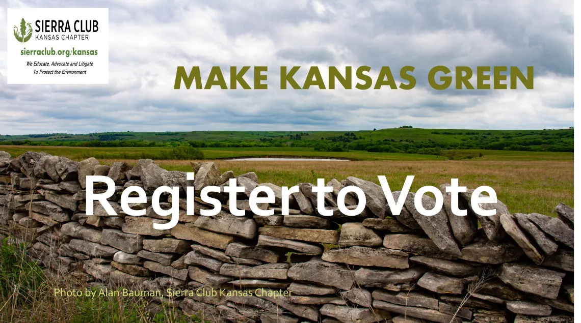 Make Kansas Green, Register to Vote, rock wall overlooking Flint Hills