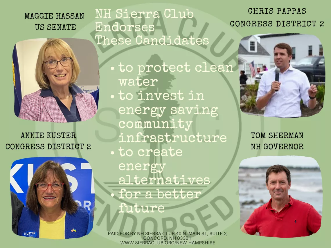 NH Sierra Club endorsed Maggie Hassan for US Senate, Chris Pappas for Congress District 1, Annie Kuster for Congress District 2, and Tom Sherman for NH Governor
