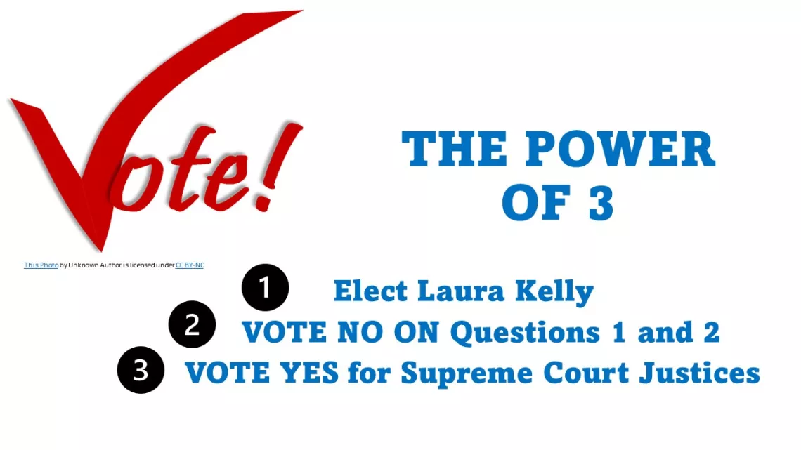 Vote, the Power of 3, Elect Laura Kelly, Vote No on Questions 1 and 2, Vote Yes for Supreme Court Justices