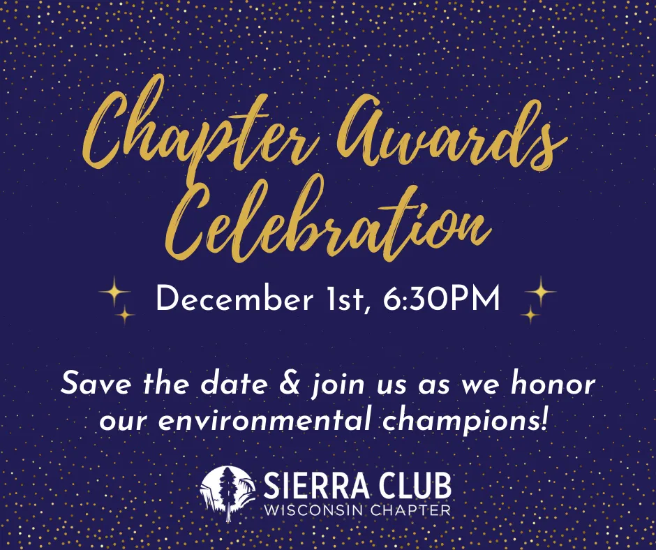 Graphic shows the text "Chapter Awards Celebration" in gold script over a deep blue background with gold stars in the background. White text below reads "December 1st, 6:30pm. Save the date & join us as we honor our environmental champions!" The Sierra Club Wisconsin logo in white is centered below the text.