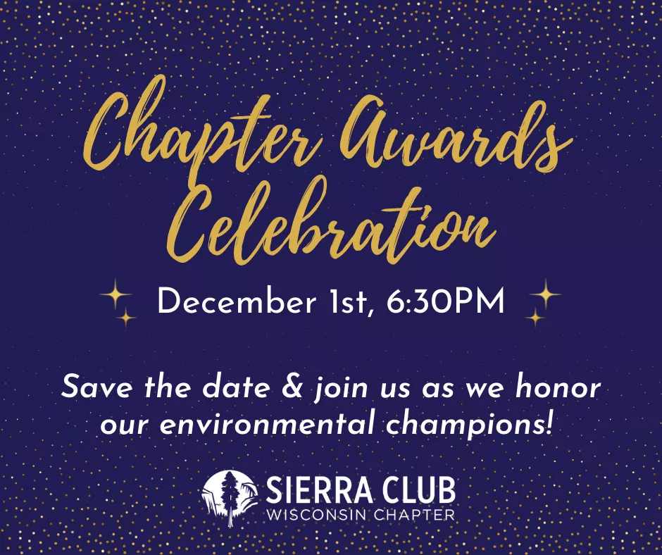 Graphic shows the text "Chapter Awards Celebration" in gold script over a deep blue background with gold stars in the background. White text below reads "December 1st, 6:30pm. Save the date & join us as we honor our environmental champions!" The Sierra Club Wisconsin logo in white is centered below the text.