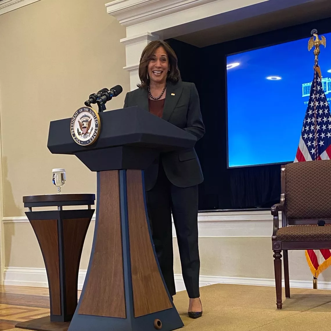 Photo of VP Kamala Harris speaking at a podium