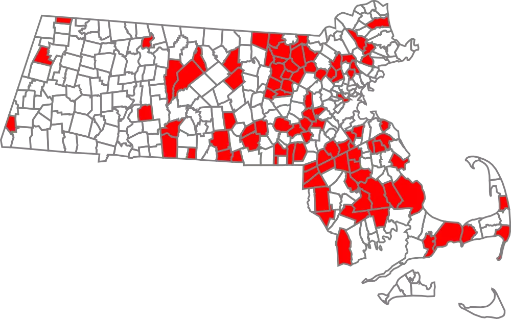 Map of Massachusetts communities with one or more PWS that exceed the Massachusetts MLC for PFAS.