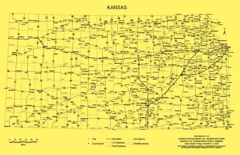 Yellow Kansas highway map