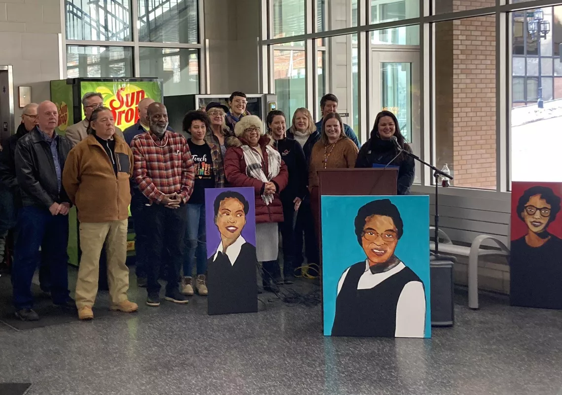 Community members gathered at the Duluth Transit Authority's (DTA) Transit Center in Downtown Duluth, to celebrate and proclaim Transit Equity Day in the Twin Ports. Photo: Zeitgeist