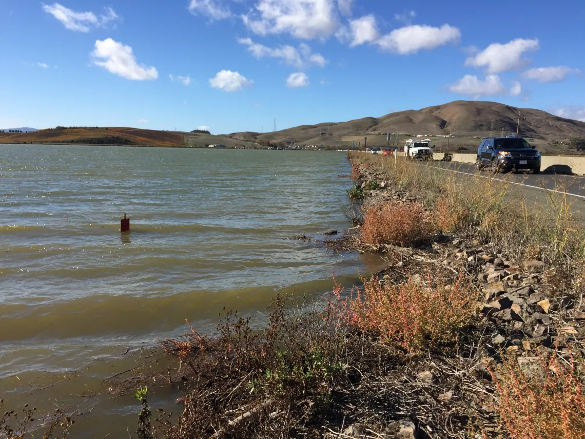 Water levels rising very close to the State Route 37 highway.