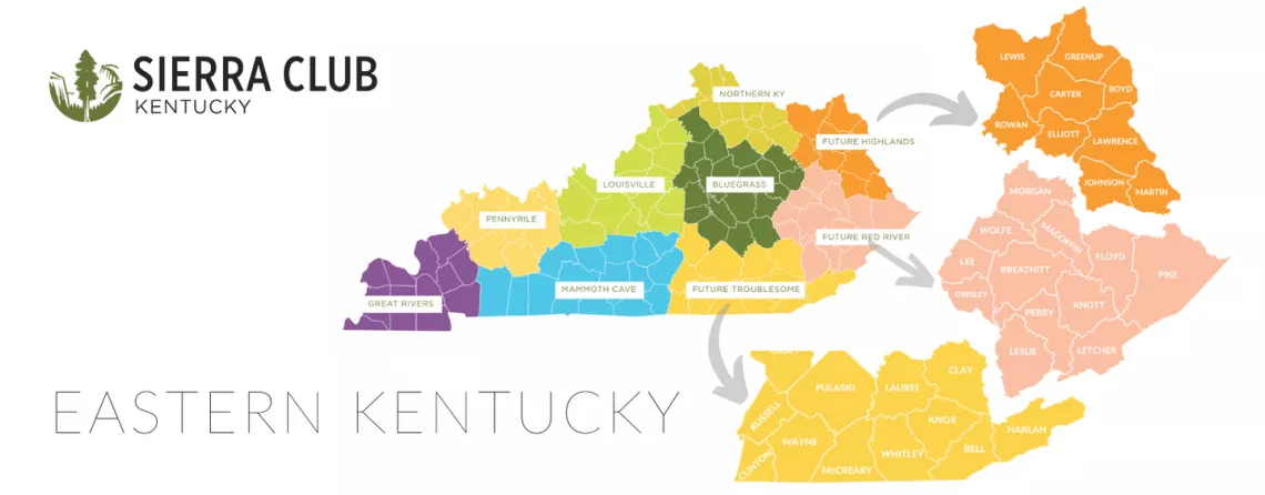 Map of Kentucky with 9 different colored areas representing the different Groups that make up the Kentucky Chapter.  To the right the 3 groups of Eastern Kentucky Counties are enlarged. 
