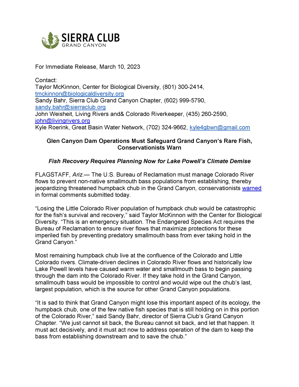 Screenshot of the first page of the news release of Humpback Chub