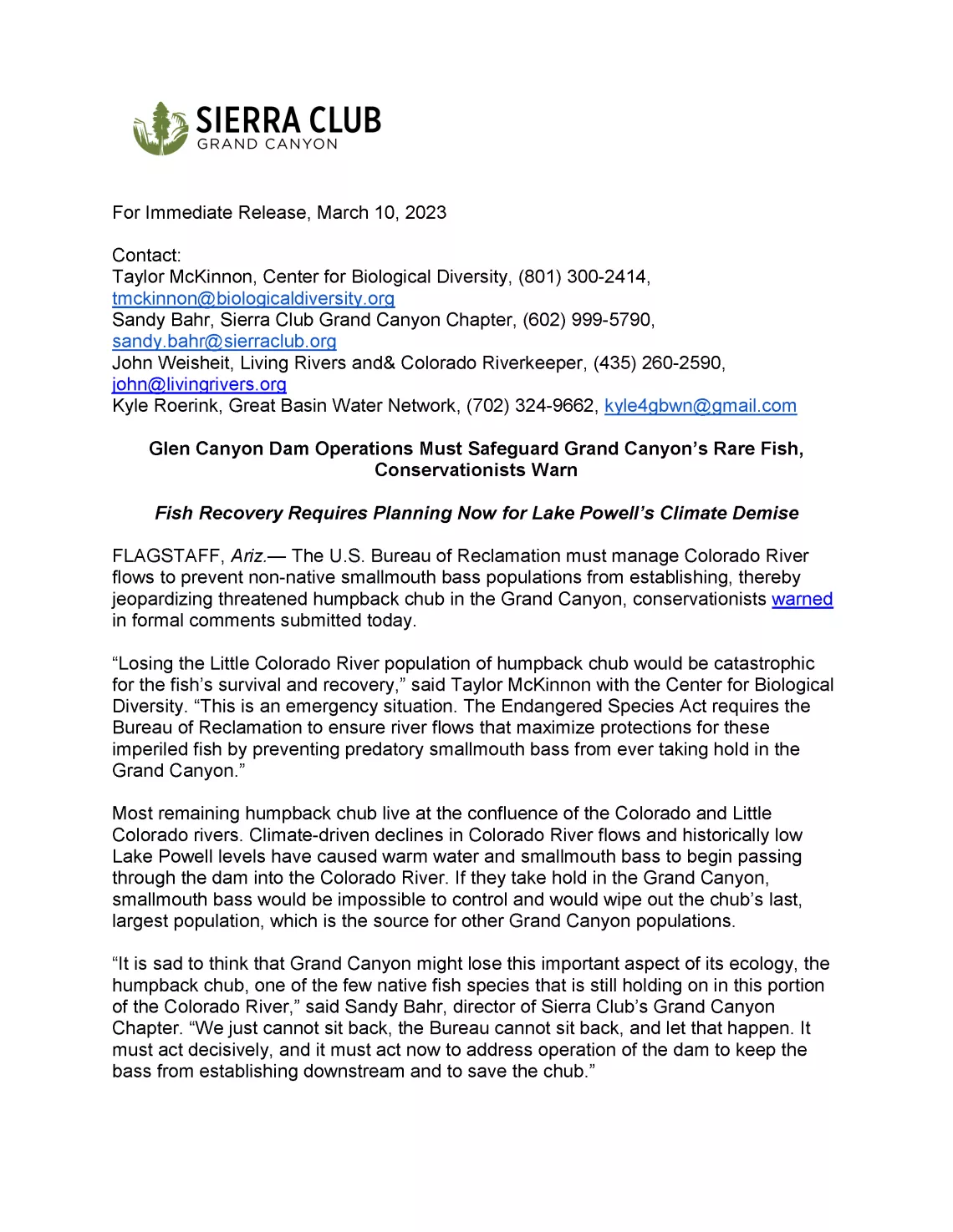 Screenshot of the first page of the news release of Humpback Chub