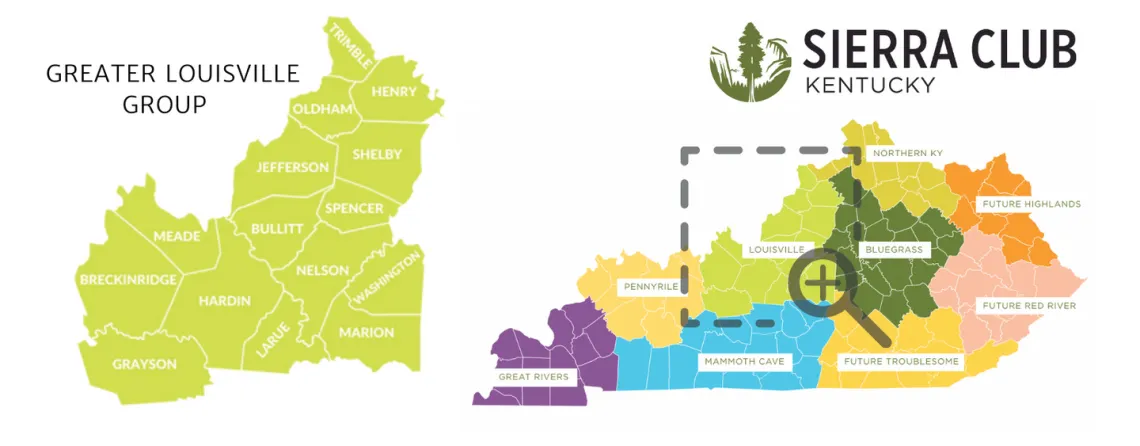 on the left a green map of Grayson, Breckenridge, Meade, Hardin, Bullitt, Larue, Jefferson, Oldham, Trimble, Henry, Shelby, Spencer, Nelson, Washington, and Marion counties.  To the right a full map of the state of Kentucky showing the boundaries for all the Groups that make up the Kentucky Chapter. 