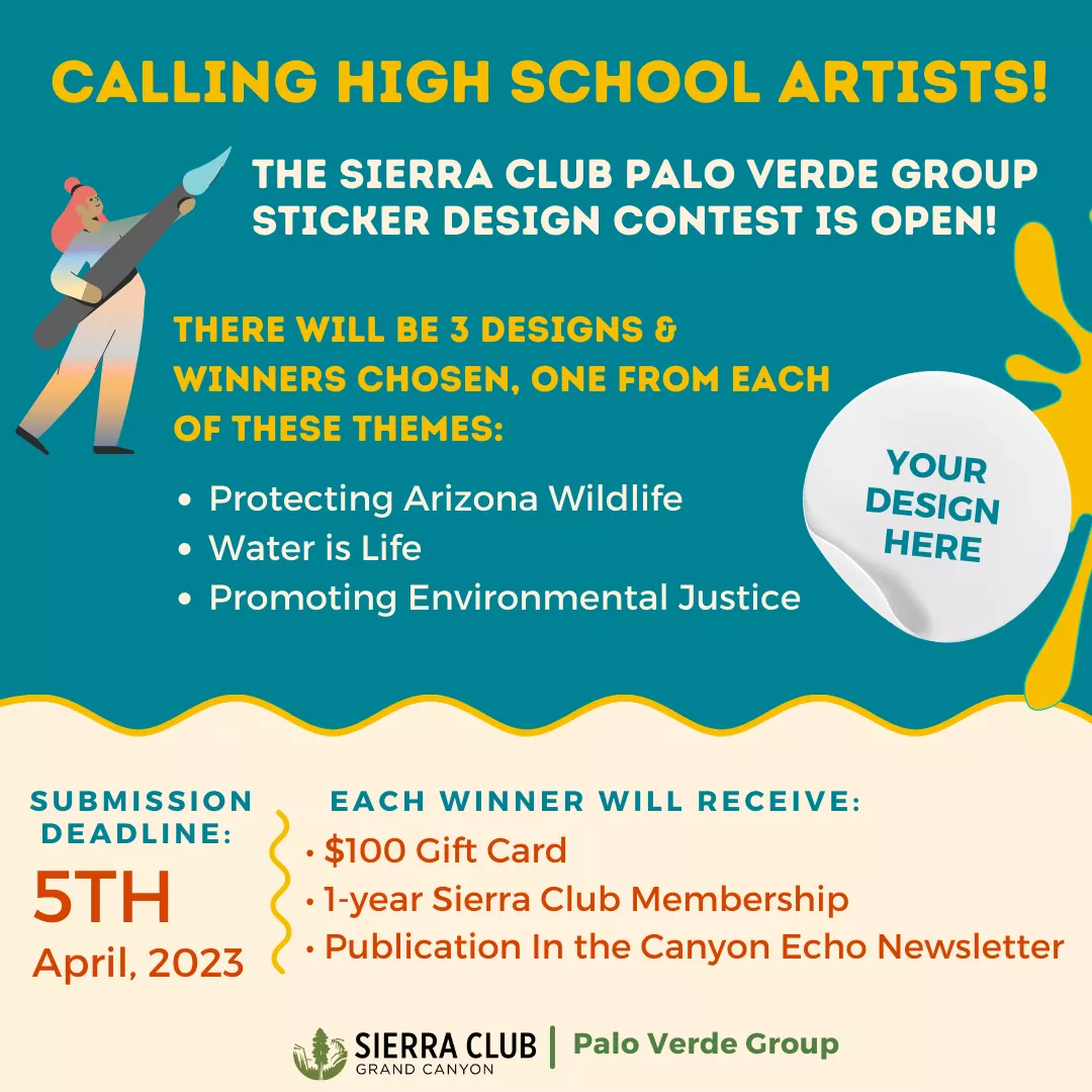 Graphic with text explaining the sticker art contest and an icon of a person holding a paint brush/