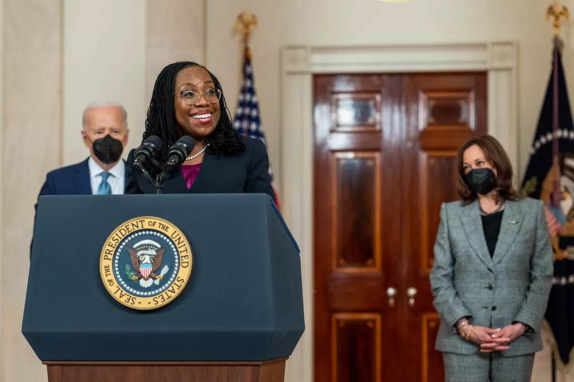 President Joe Biden and Vice President Kamala Harris look on while Judge Ketanji Brown Jackson delivers remarks on her nomination to the U.S. Supreme Court.