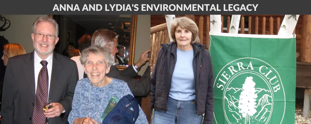 Photo of Anna Holden with friend and Lydia Fisher with Sierra Club flag