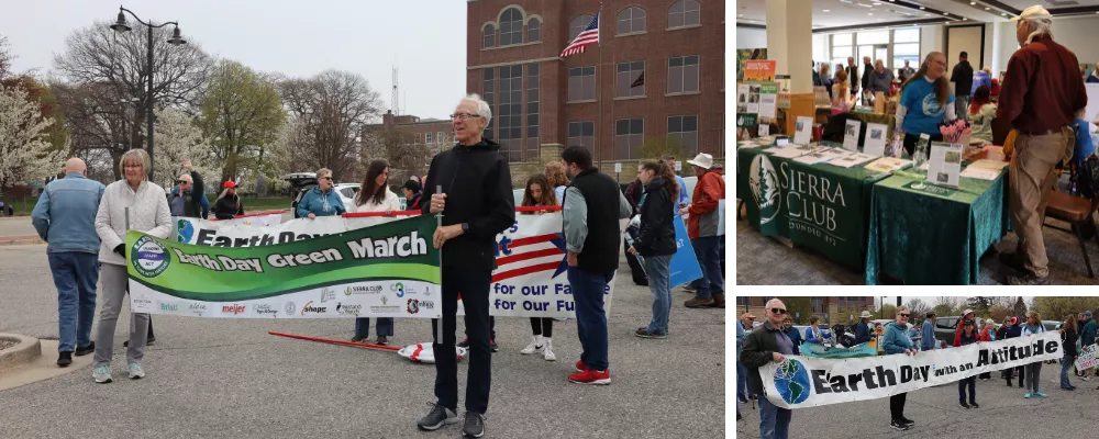(left) A group of participants with Earth Day signs getting ready to march, (right, top) Sierra Club table at the event with Jan O'Connell sharing information, (right, bottom) Group of participants holding sign for Earth Day march