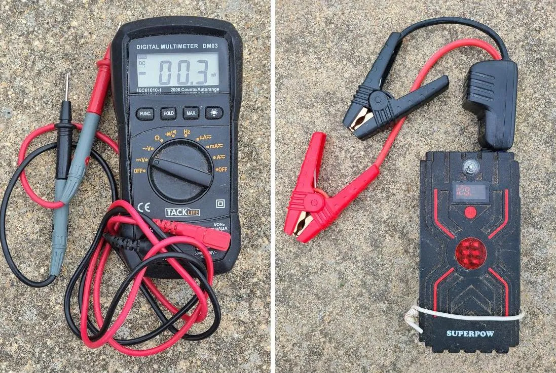 Multimeter (left) and jump starter
