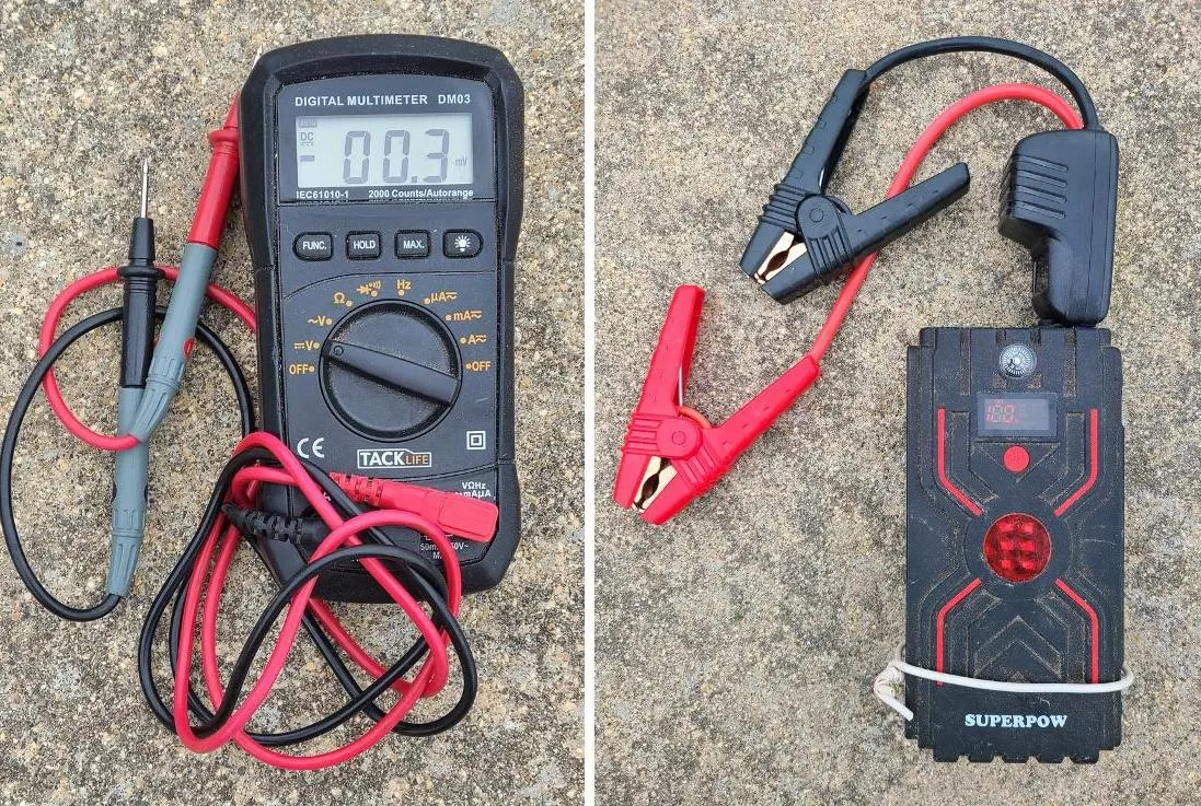 Multimeter (left) and jump starter