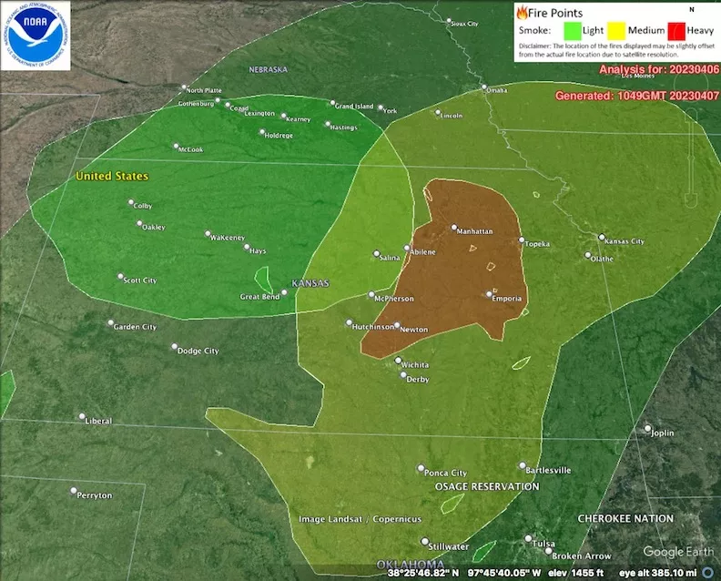 2023 0406 Map of smoke from flint Hills Burns
