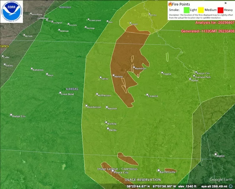 2023 04 07 smoke map from Flint Hills burns