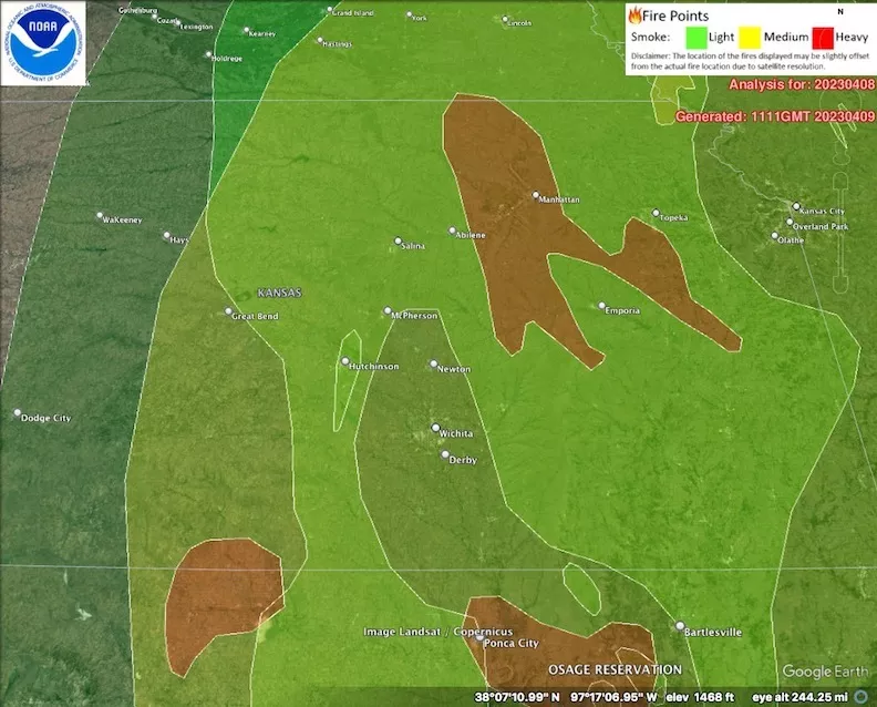 2023 0408 smoke map from Flint Hills burns