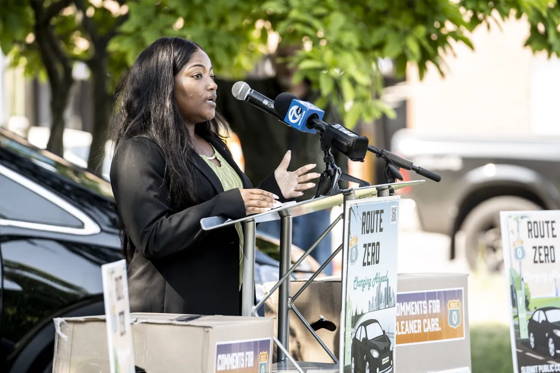 Michigan Chapter Director Elayne Elliot speaking at Detroit Press Conference