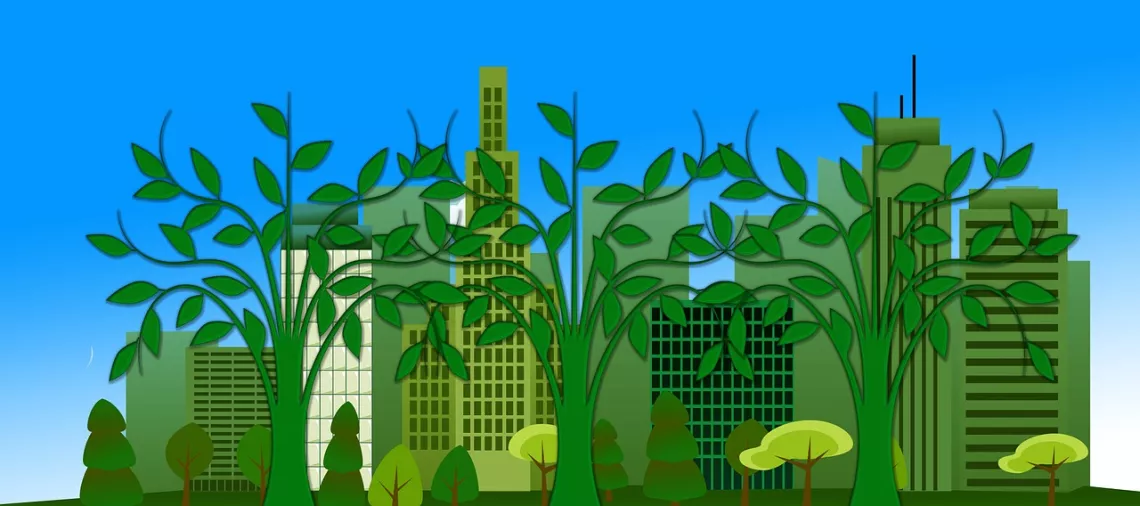 City with tons of trees and plants illustration