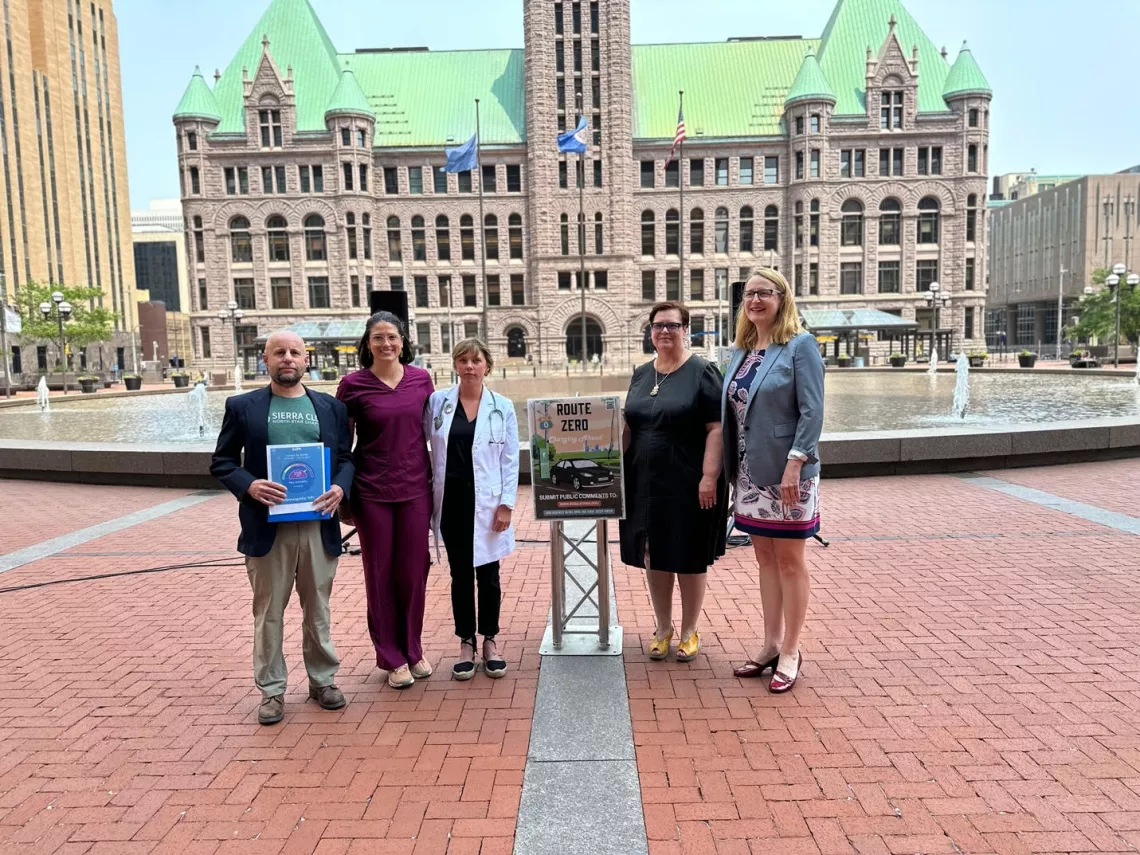Minneapolis and Hennepin County leaders join local advocates to call for strong clearn heavy-duty truck standards in front of Minneapolis City Hall, June 15, 2023