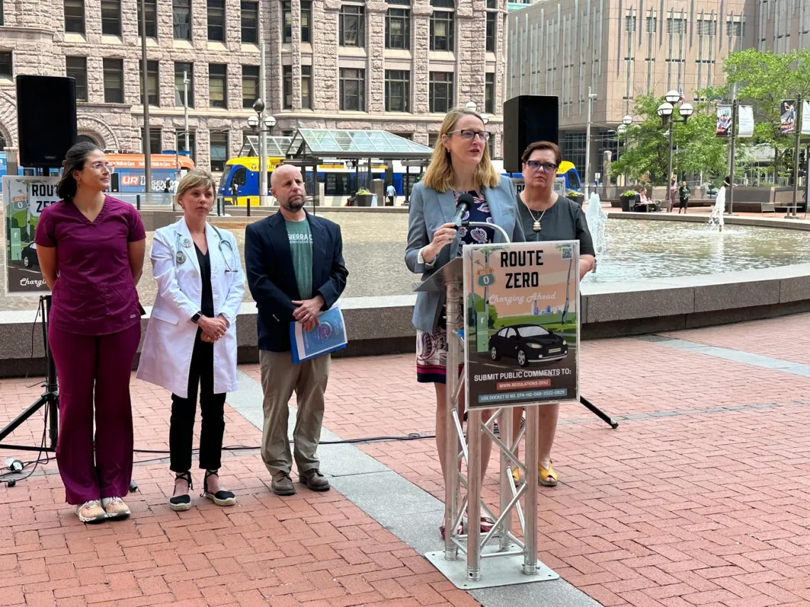 Hennepin County Commissioner Marion Greene joins local advocates to call for strong clearn heavy-duty truck standards in front of Minneapolis City Hall, June 15, 2023