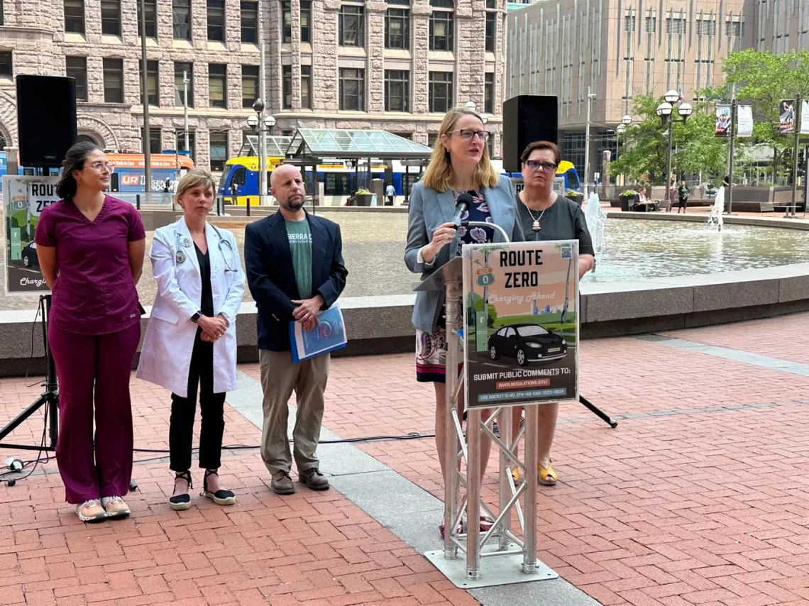 Hennepin County Commissioner Marion Greene joins local advocates to call for strong clearn heavy-duty truck standards in front of Minneapolis City Hall, June 15, 2023