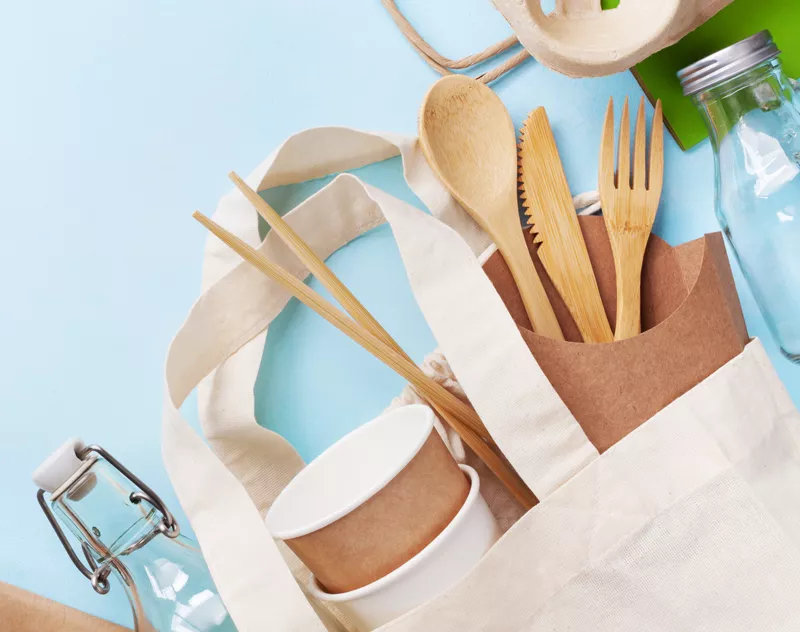 canvas bag, glass, wood and paper containers