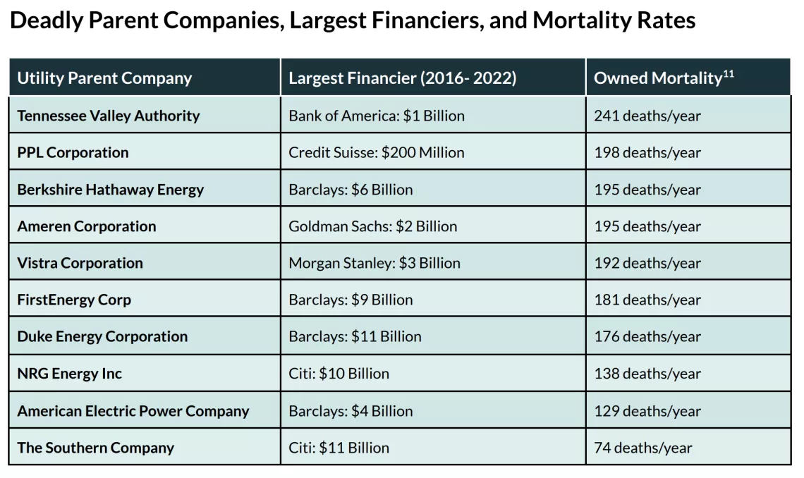 Deadly Parent Companies, Largest Financiers, and Mortality Rates