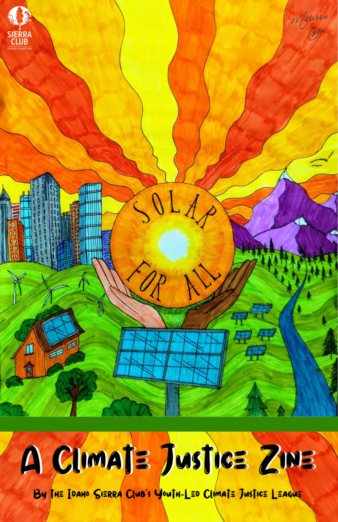 illustration of solar panel with sun held in two hands with rays emanating from the center of sun